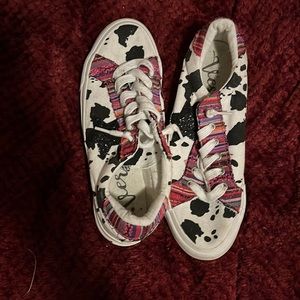 Pink, purple, black and white slip on